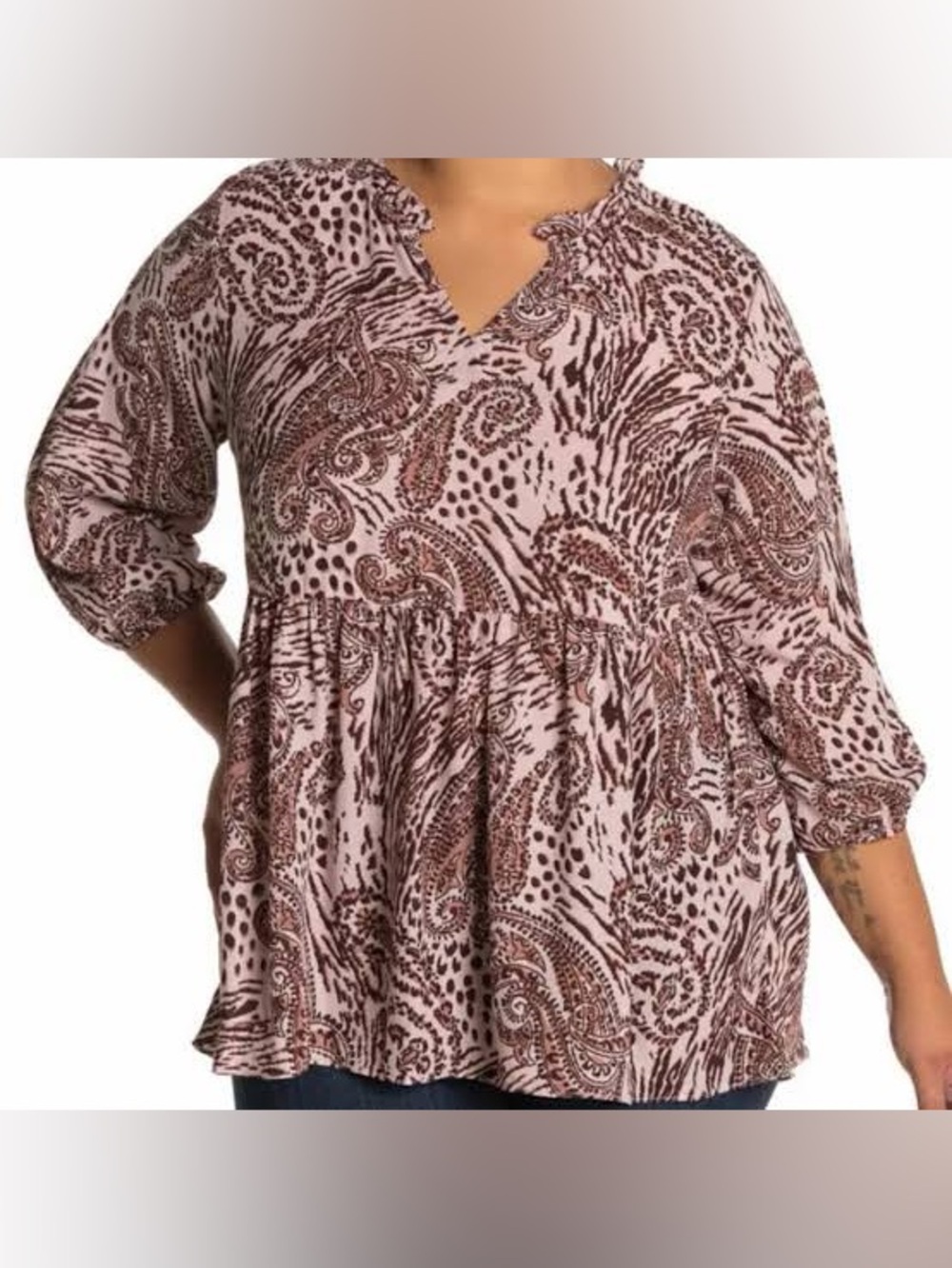 bobeau Paisley Babydoll Split Neck Top